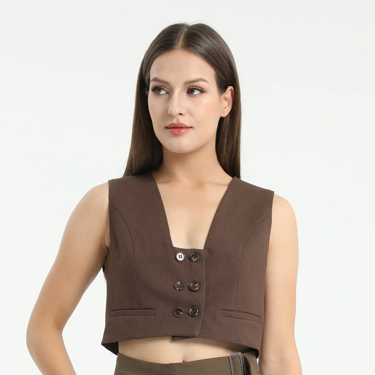 Brown Plain Waistcoat for Women Image