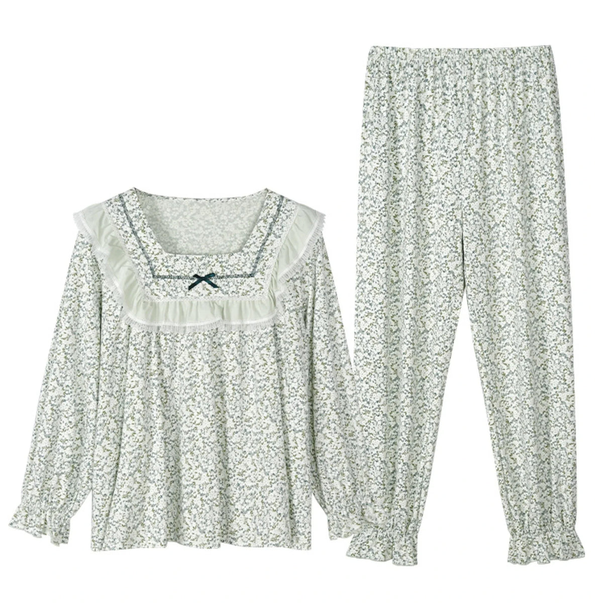 Printed Pajama Set-2pc for Women Green Flower Image