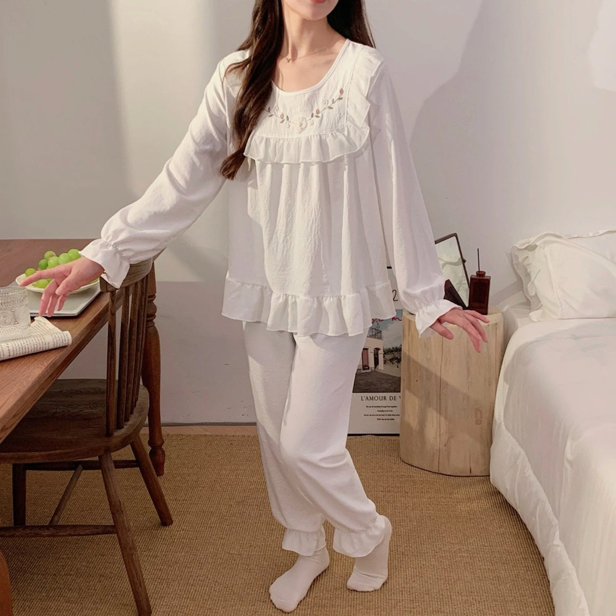 Lace Pajama Set-2pc for Women White Image