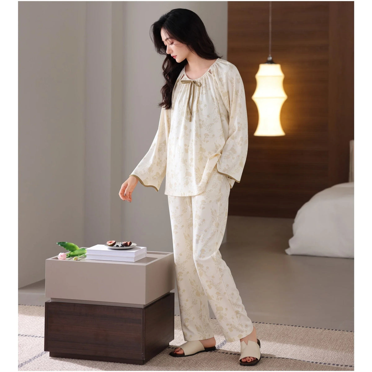 Printed Pajama Set-2pc for Women S Beige Flower S,92,106,61,60,50 Image