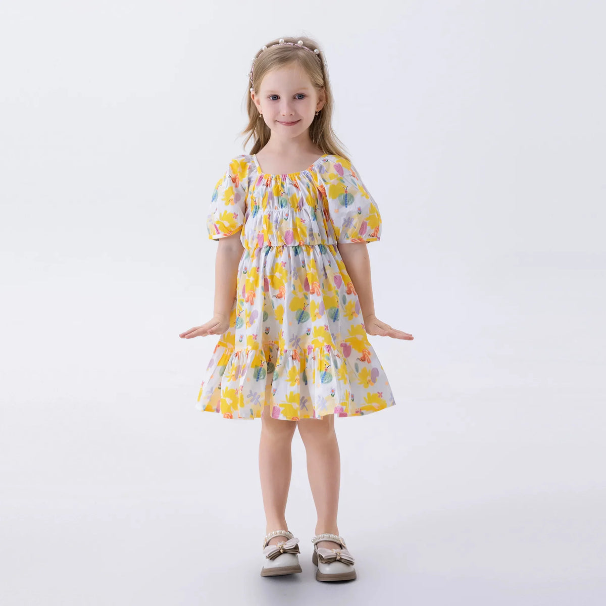 Printed Fashion Dress For Girls Yellow Image