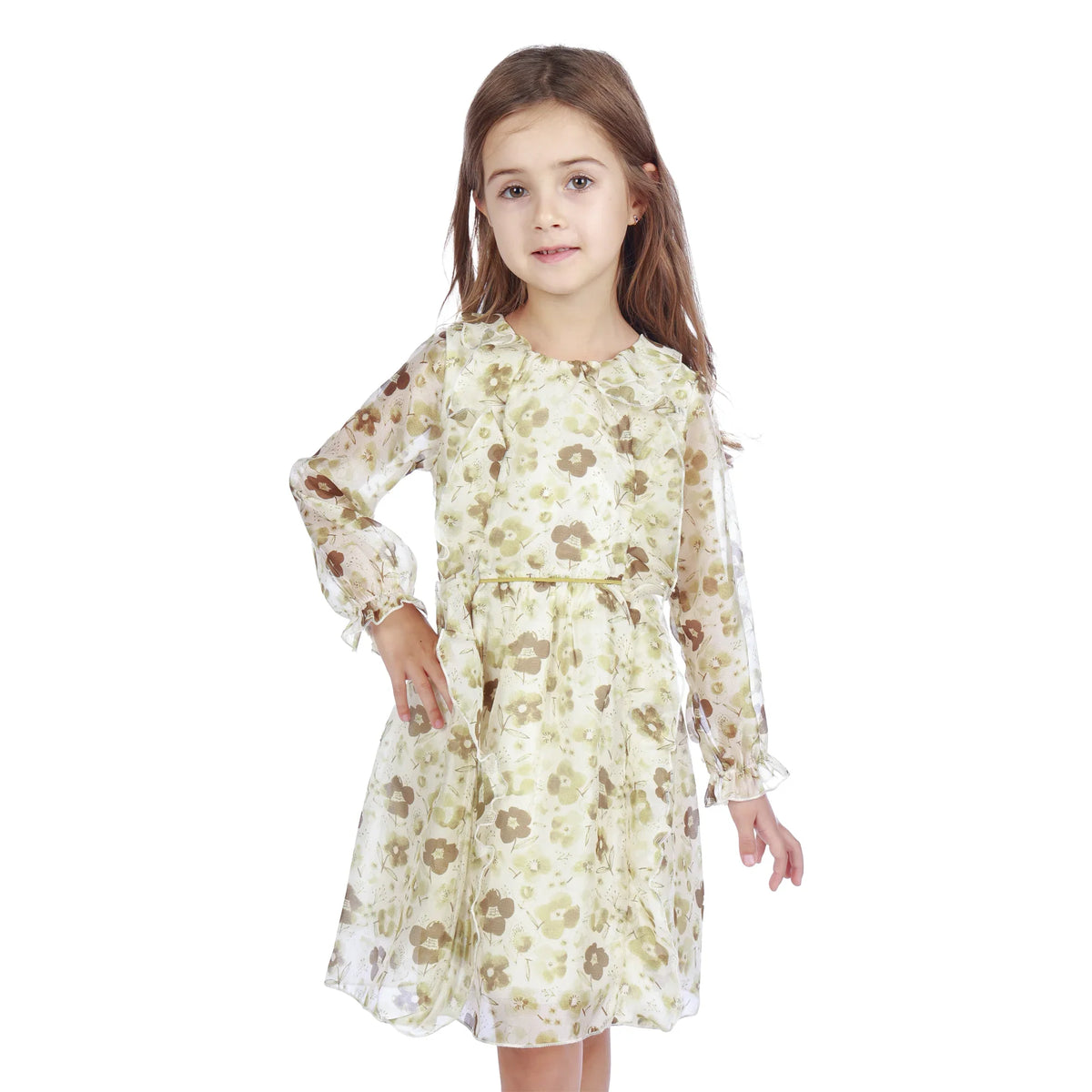 Floral Classic Dress For Girls Mustard Green Image