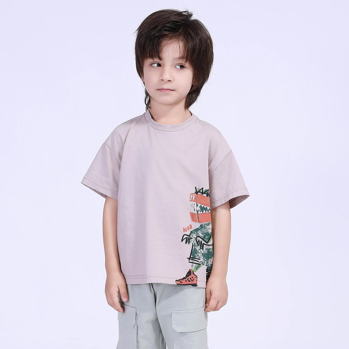 Printed Street Look T.Shirt For Boys Gray Coffee Image