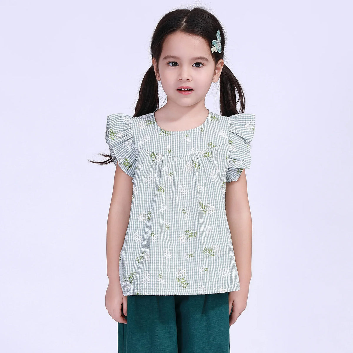 Checked Street Look Blouse For Girls Green Image