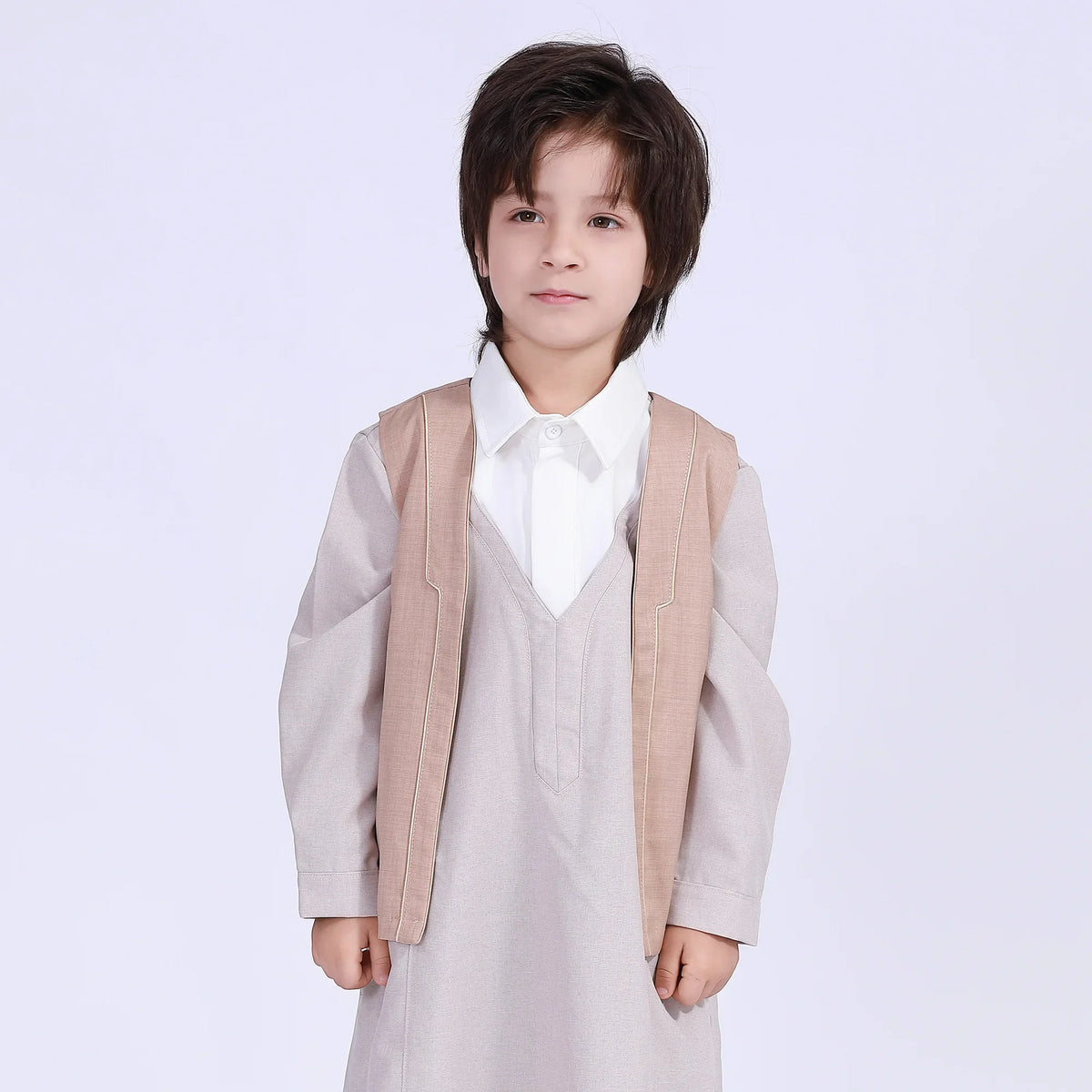 Solid Thoub Waistcoat For Boys Khaki Image