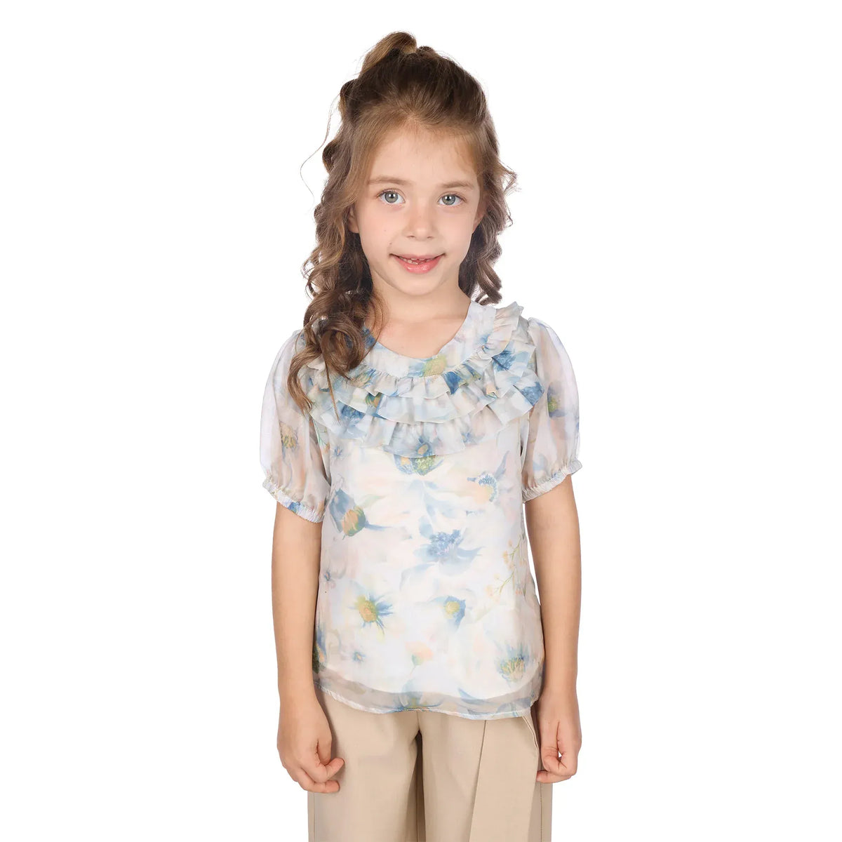 Powder Blue Floral Classic Blouse For Girls Image