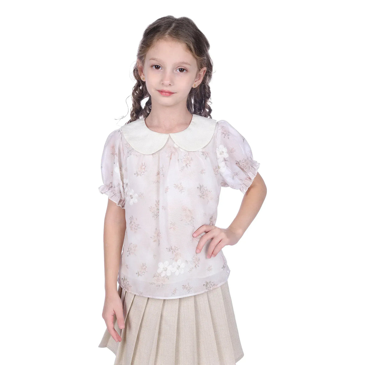 Beige Floral Classic Blouse For Girls Image