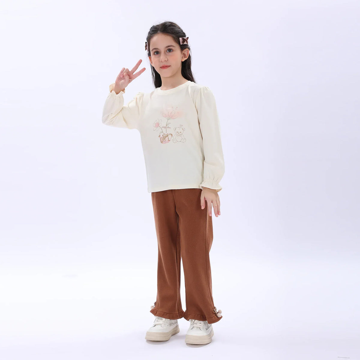 Coffee Casual Plain Pants for Girls Image