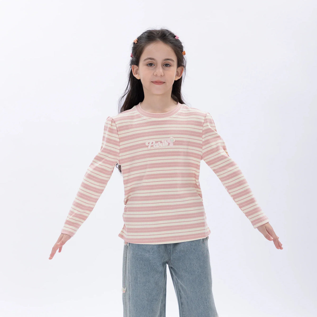 Light Pink Casual Striped T.Shirt for Girls Image