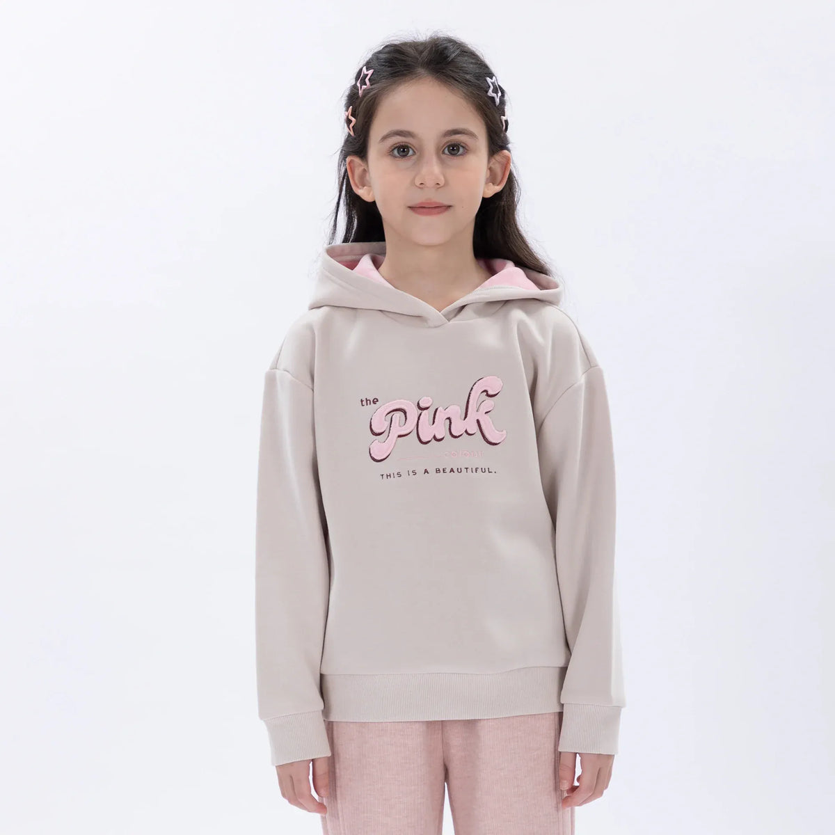 Dark Beige Casual Printed Hoodie for Girls Image