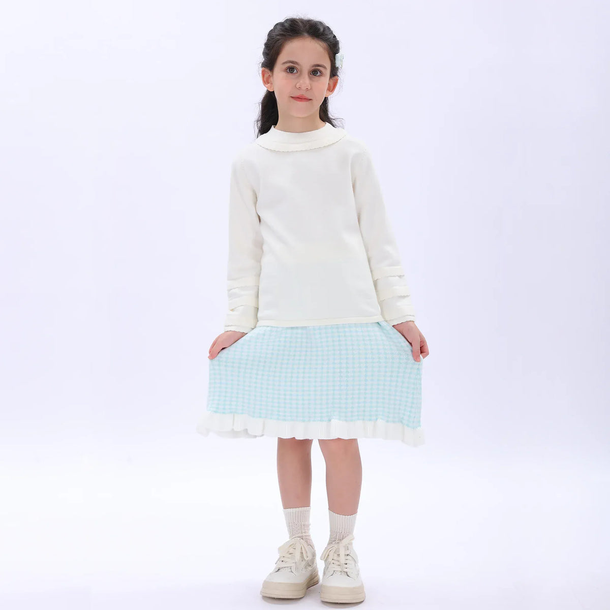 Off White Casual Plain Sweater for Girls Image