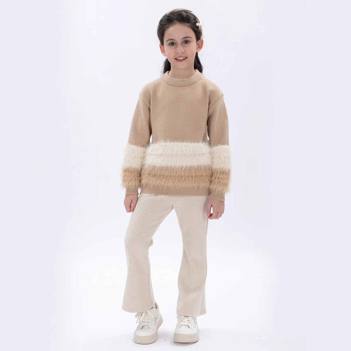 Beige Casual Color-Blocked Sweater for Girls Image