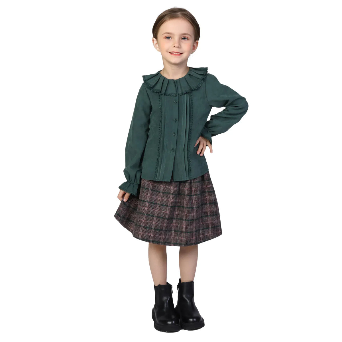 Dark Green Plain Classic Shirt for Girls Image