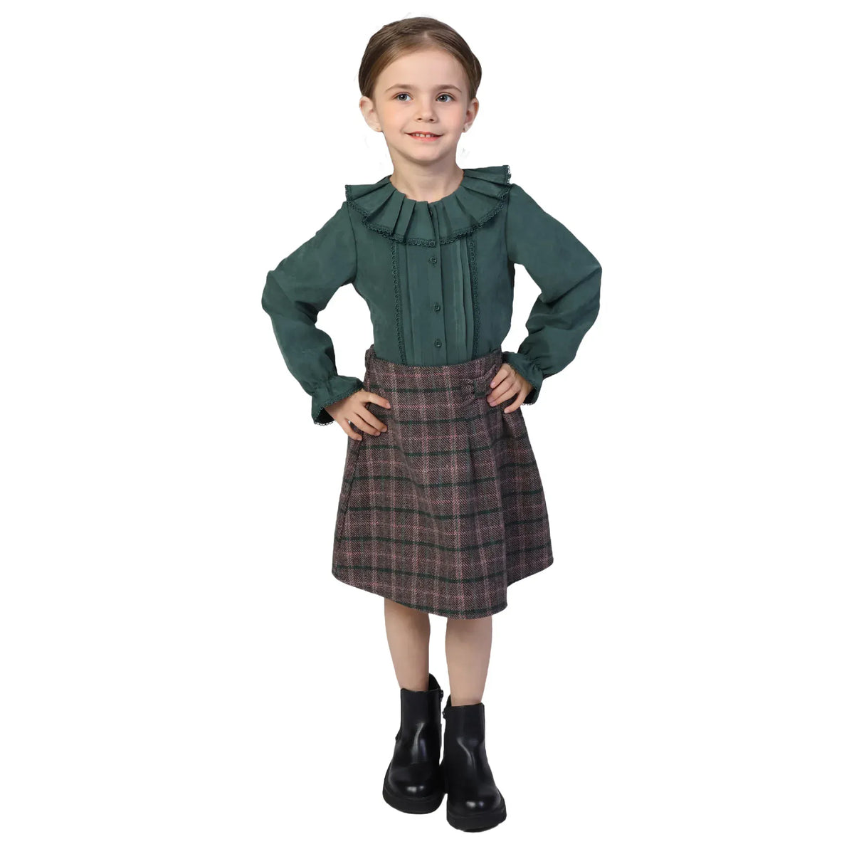Green Checked Classic Skirt for Girls Image