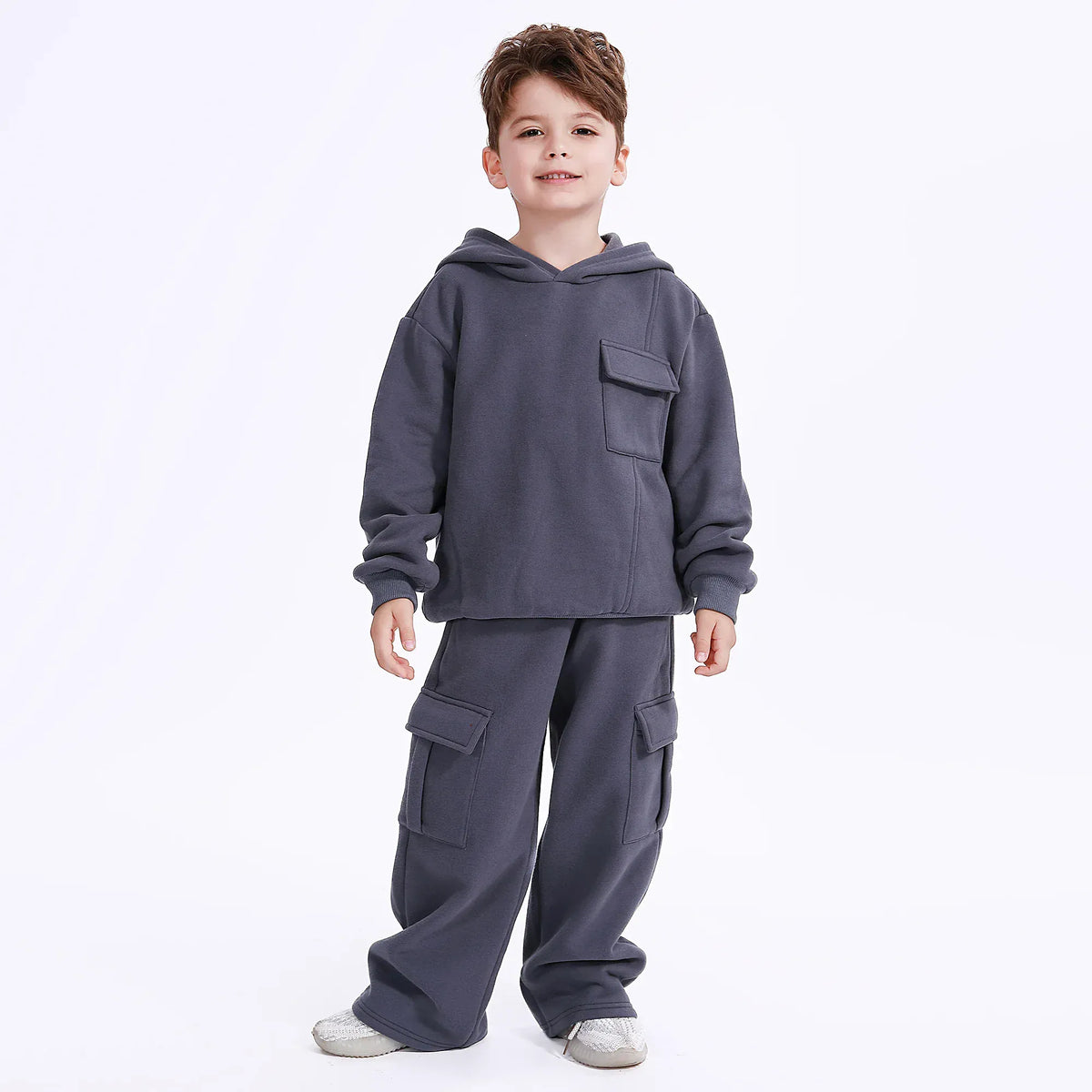 Dark Grey Blue Casual Plain Hoodie for Boys Image