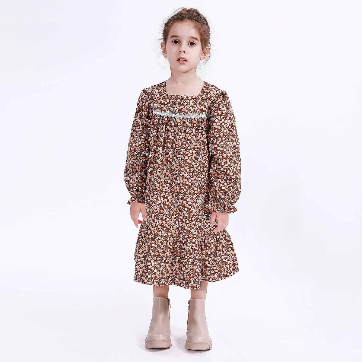 Coffee Casual Floral Dress for Girls Image