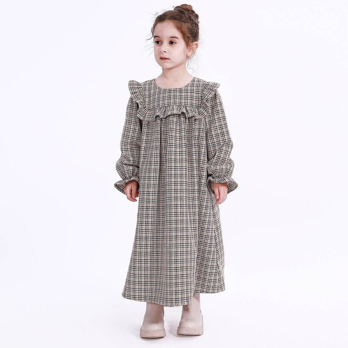 Brown Casual Checked Dress for Girls Image
