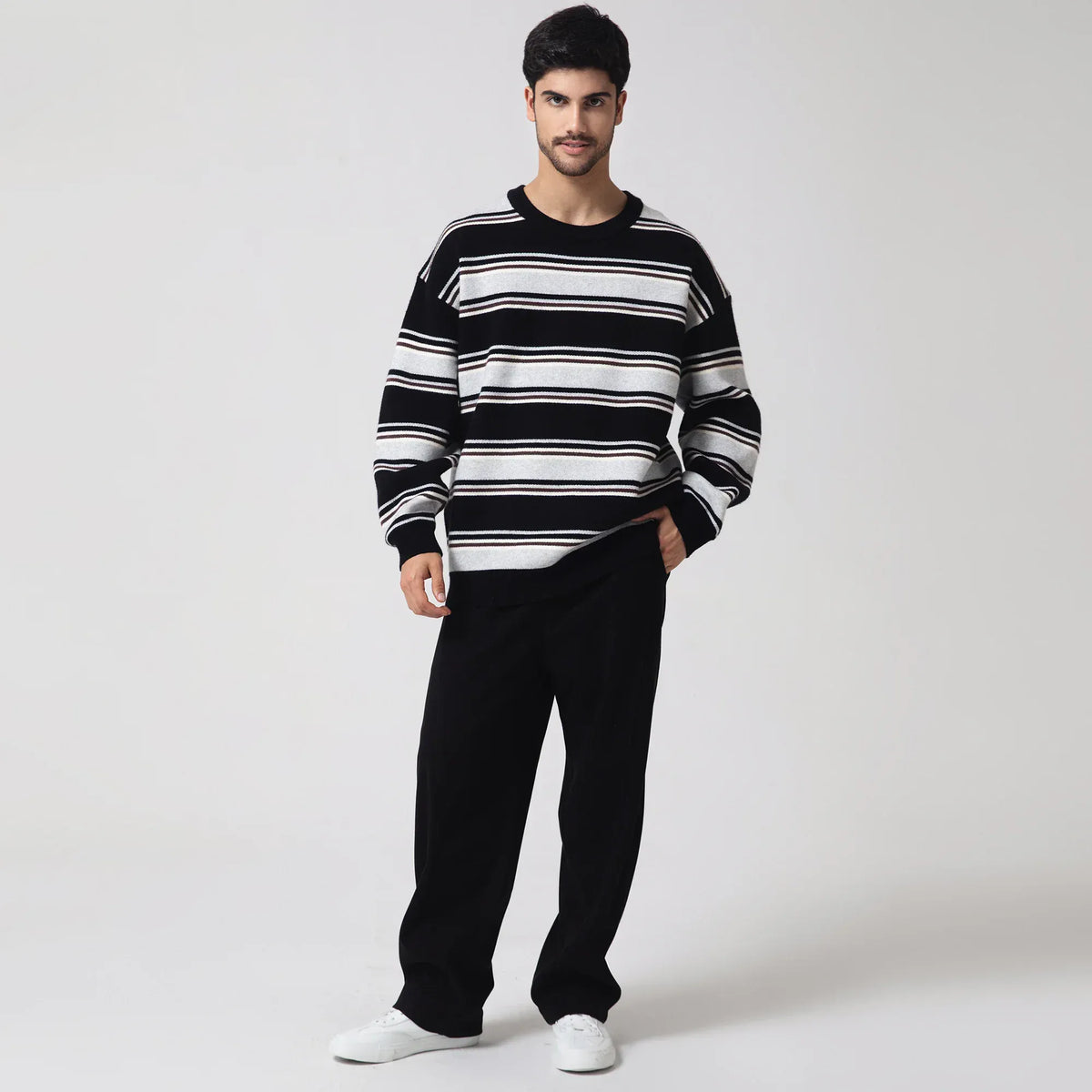 Black Casual Striped Sweater for Men Image