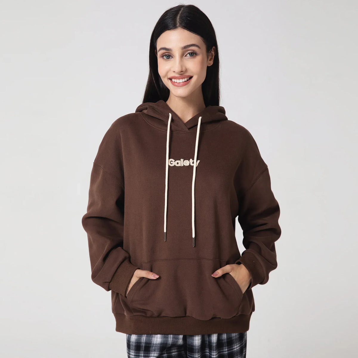 Brown Casual Embroidery Hoodie for Women Image