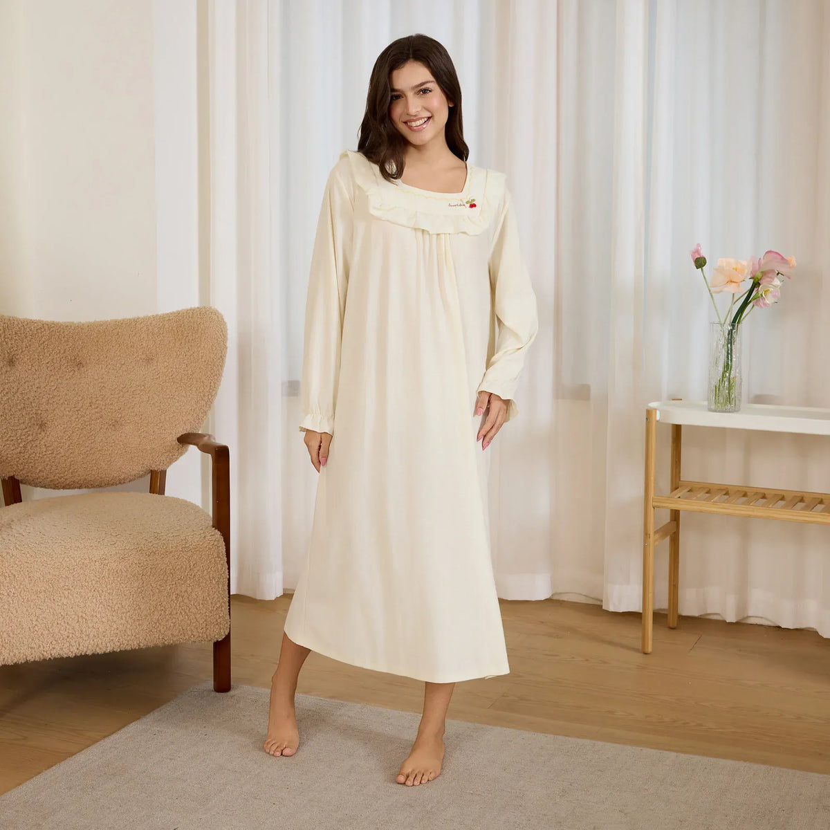 Light Yellow Embroidery Pajama Dress for Women Image