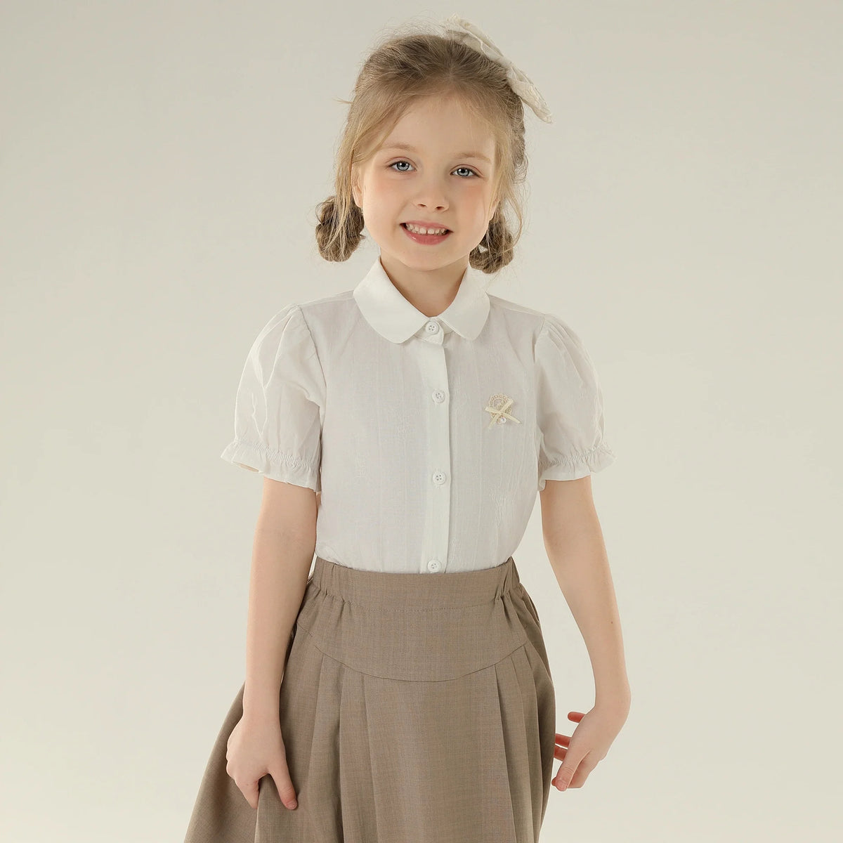 Jacquard Street Look Puff Sleeve Shirt For Girls