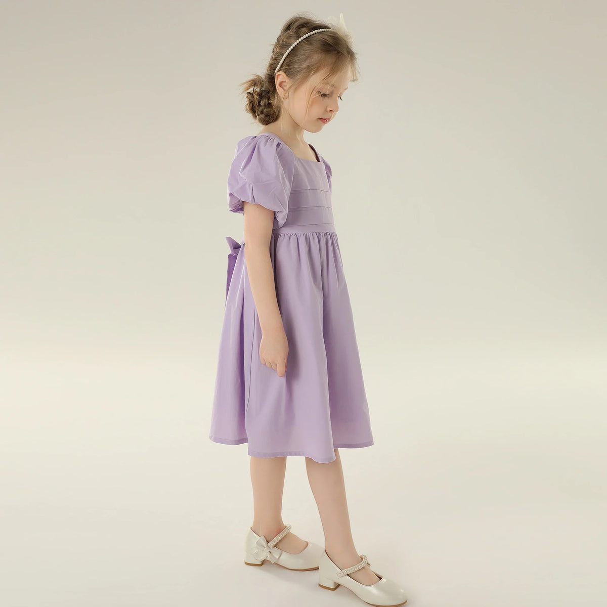 Plain Street Look Puff Sleeve Dress For Girls