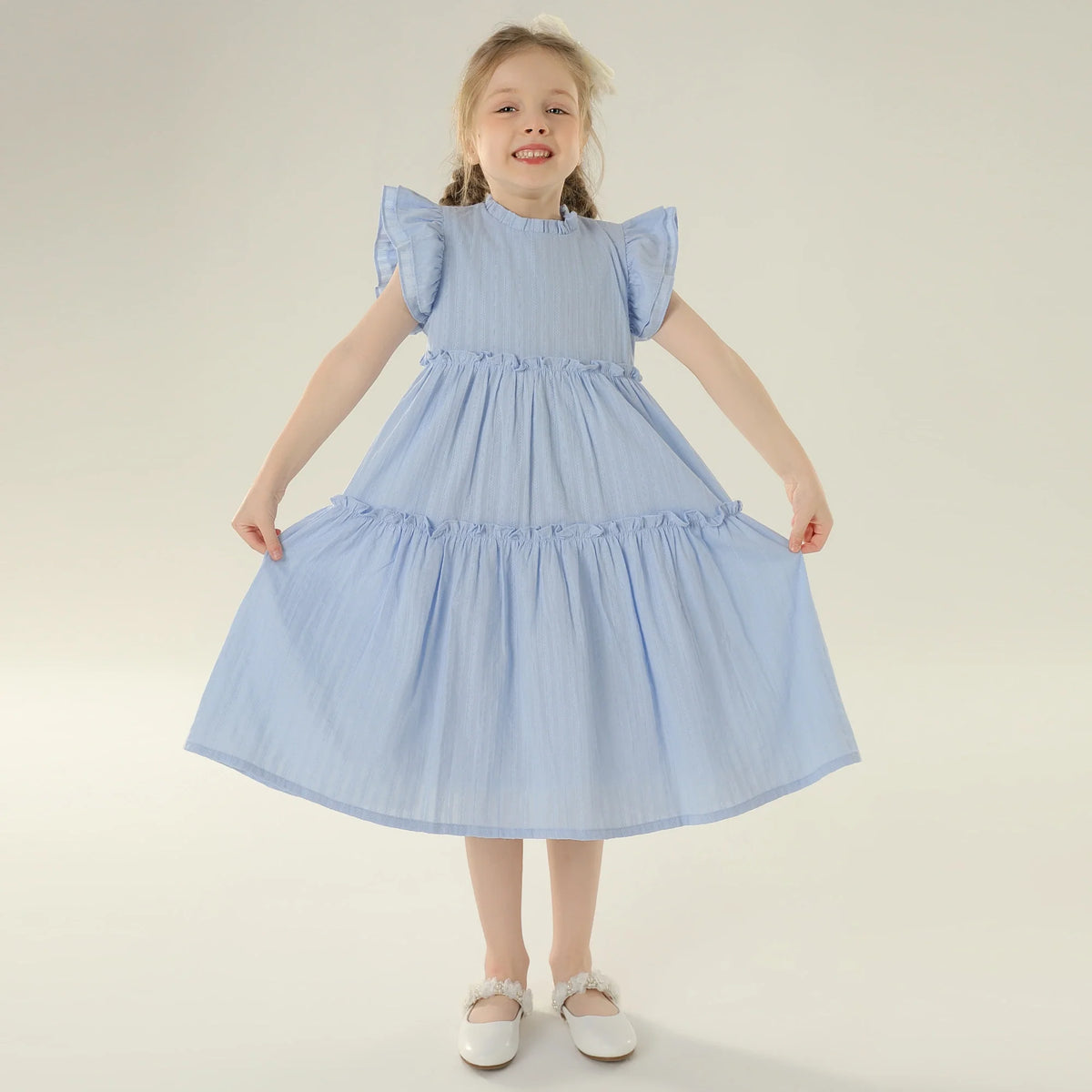 Jacquard Street Look Flutter Sleeve Dress For Girls