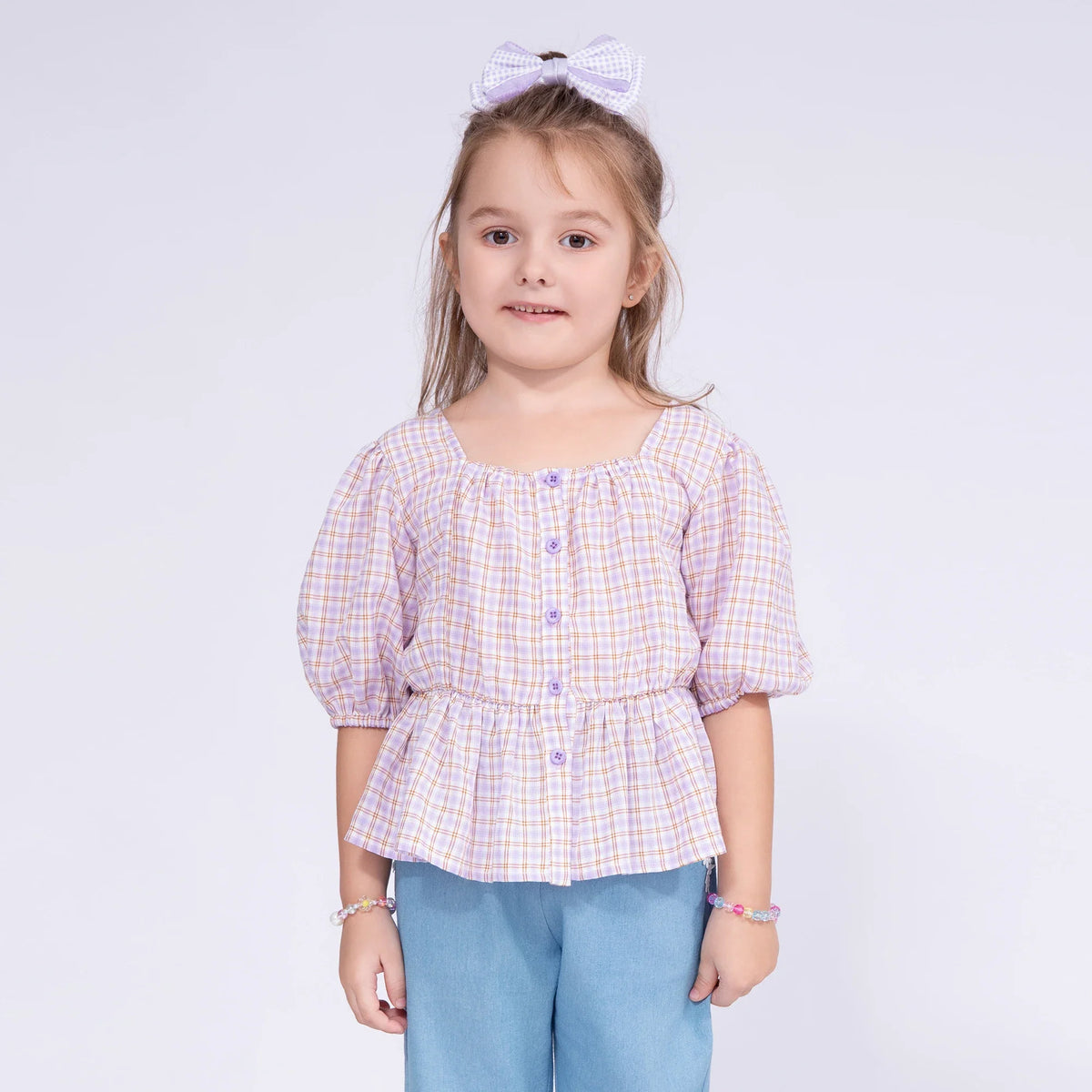 Checked Blouse for Girls Purple Image