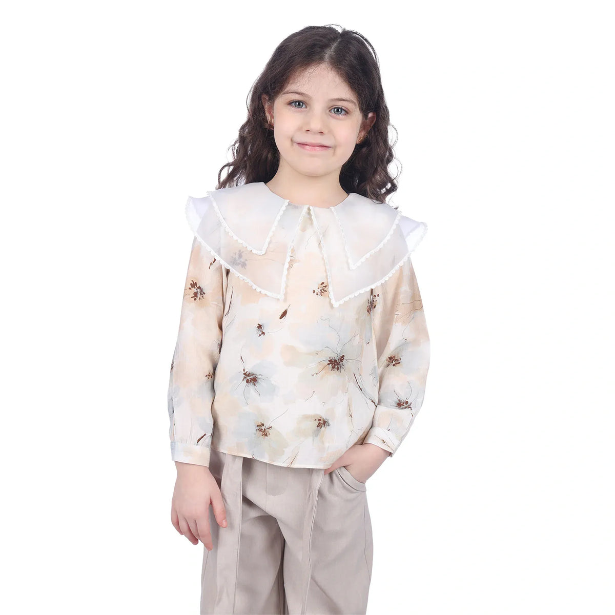 Beige Floral Classic Blouse For Girls Image