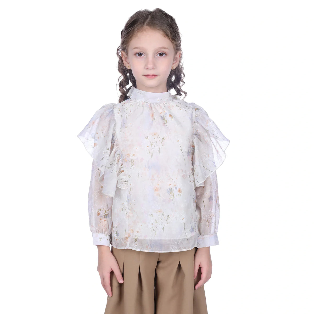 Beige Floral Classic Blouse For Girls Image