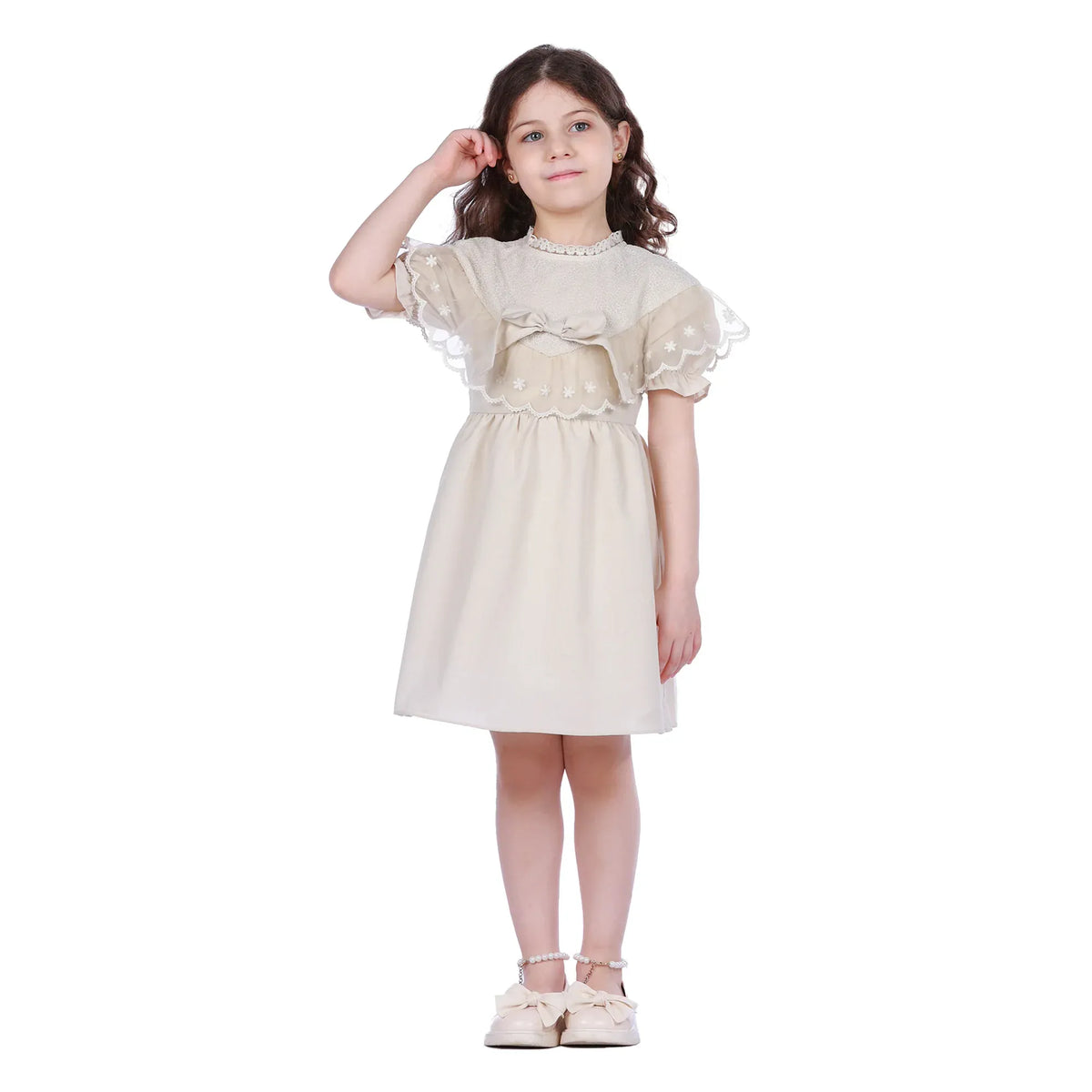 Beige Floral Classic Dress For Girls Image