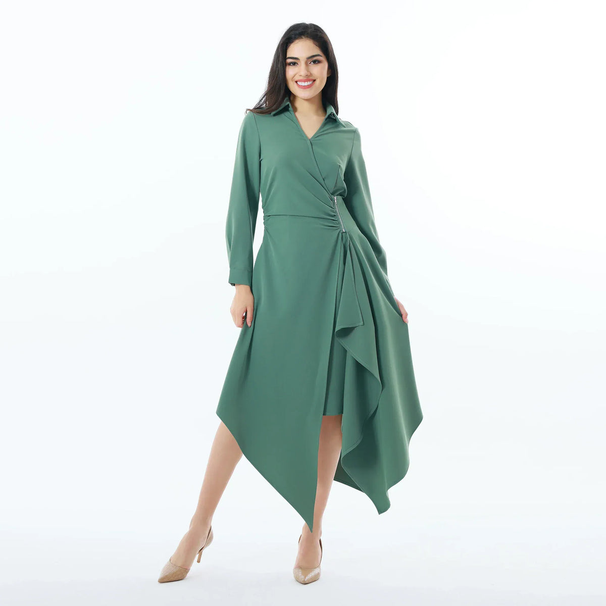 Grey Green Elegant Plain Dress for Women Image