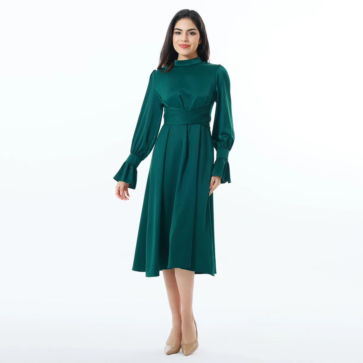 Green Elegant Plain Dress for Women Image