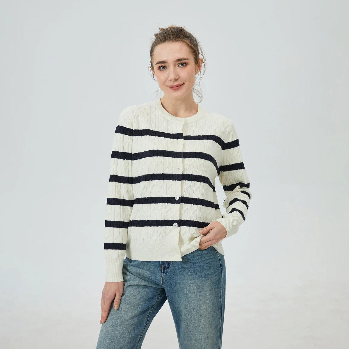 Off White Striped Jacket for Women Image