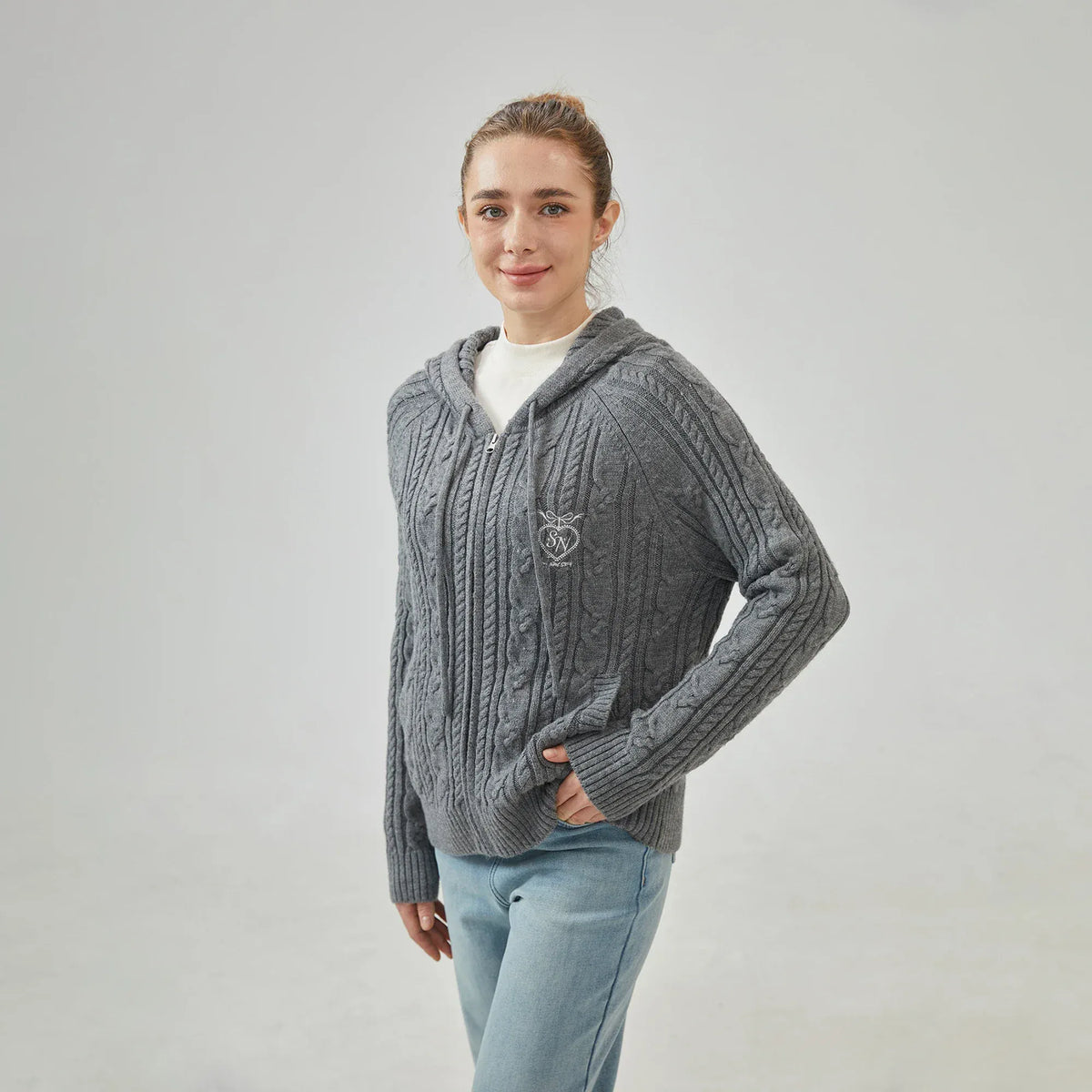 Dark Grey Jacquard Regular Raglan Sleeve cardigan with With Hood for Women Image