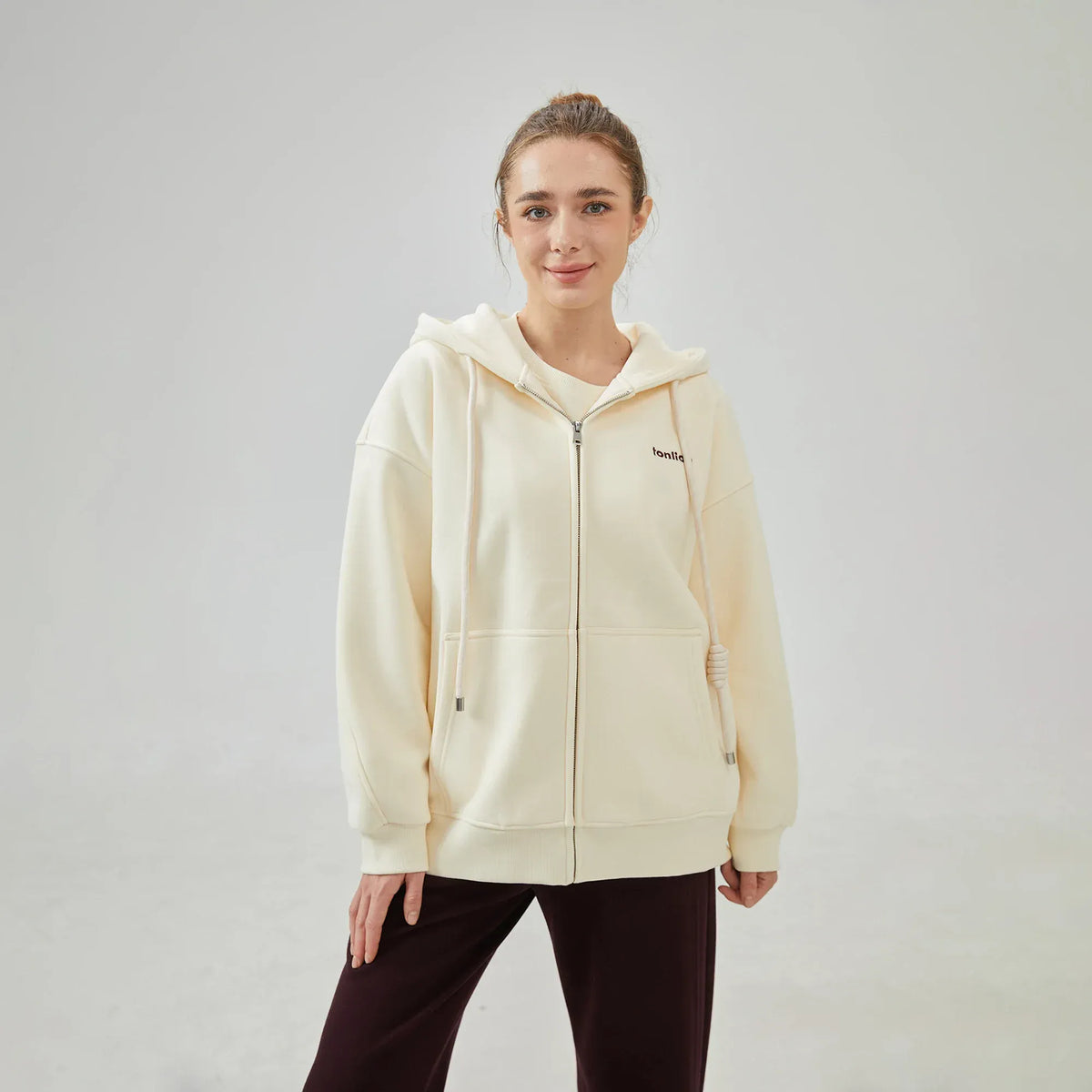 Off White Embroidery Loose Drop-Shoulder Hoodie for Women Image