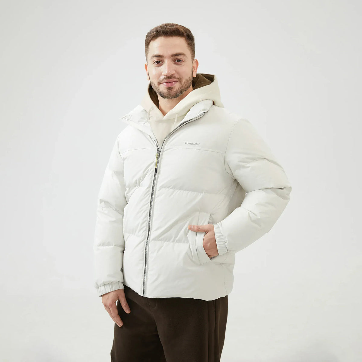 Off White Printed Loose Sleeve Jacket with Stand Collar for Men Image