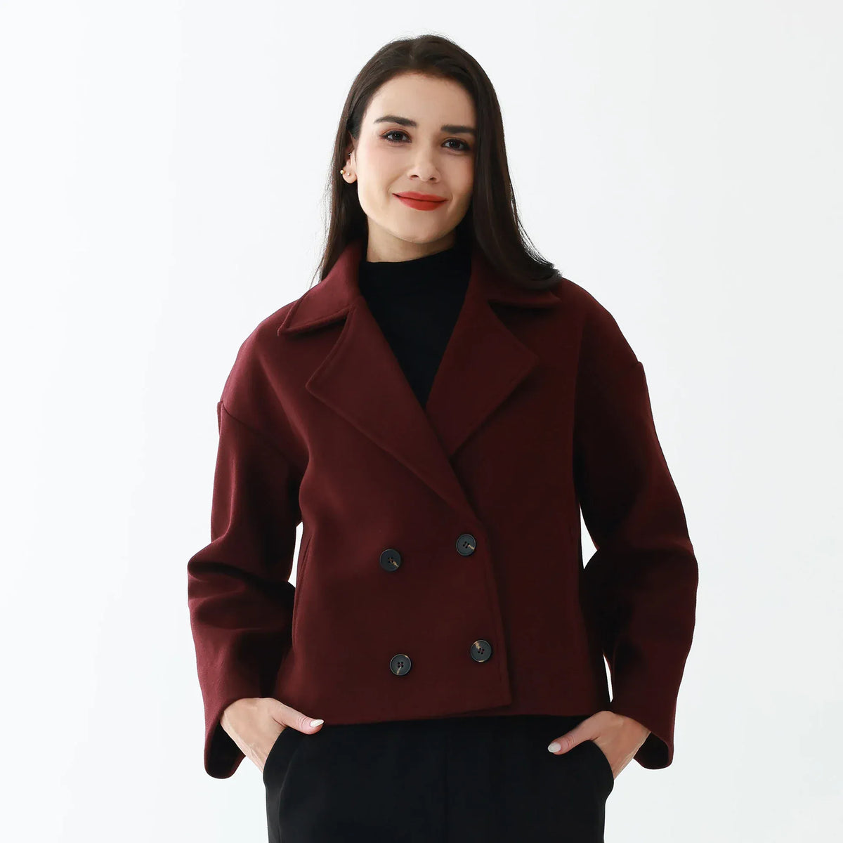 Wine Red Elegant Plain Jacket for Women Image
