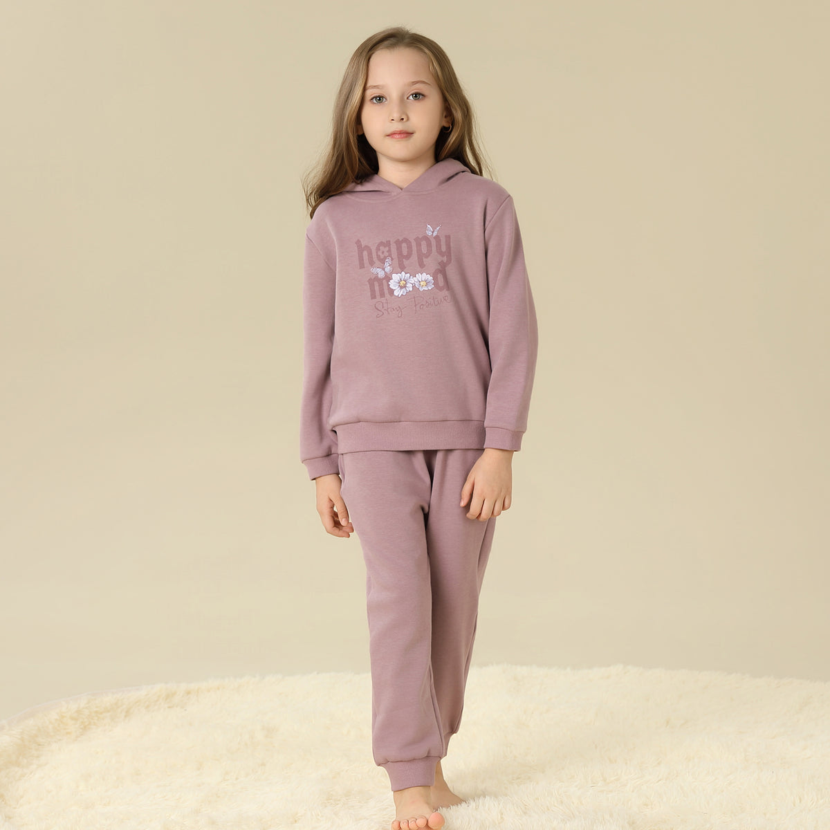Hoodie:Printed,Pants:Plain Pajama Set-2Pc For Girls