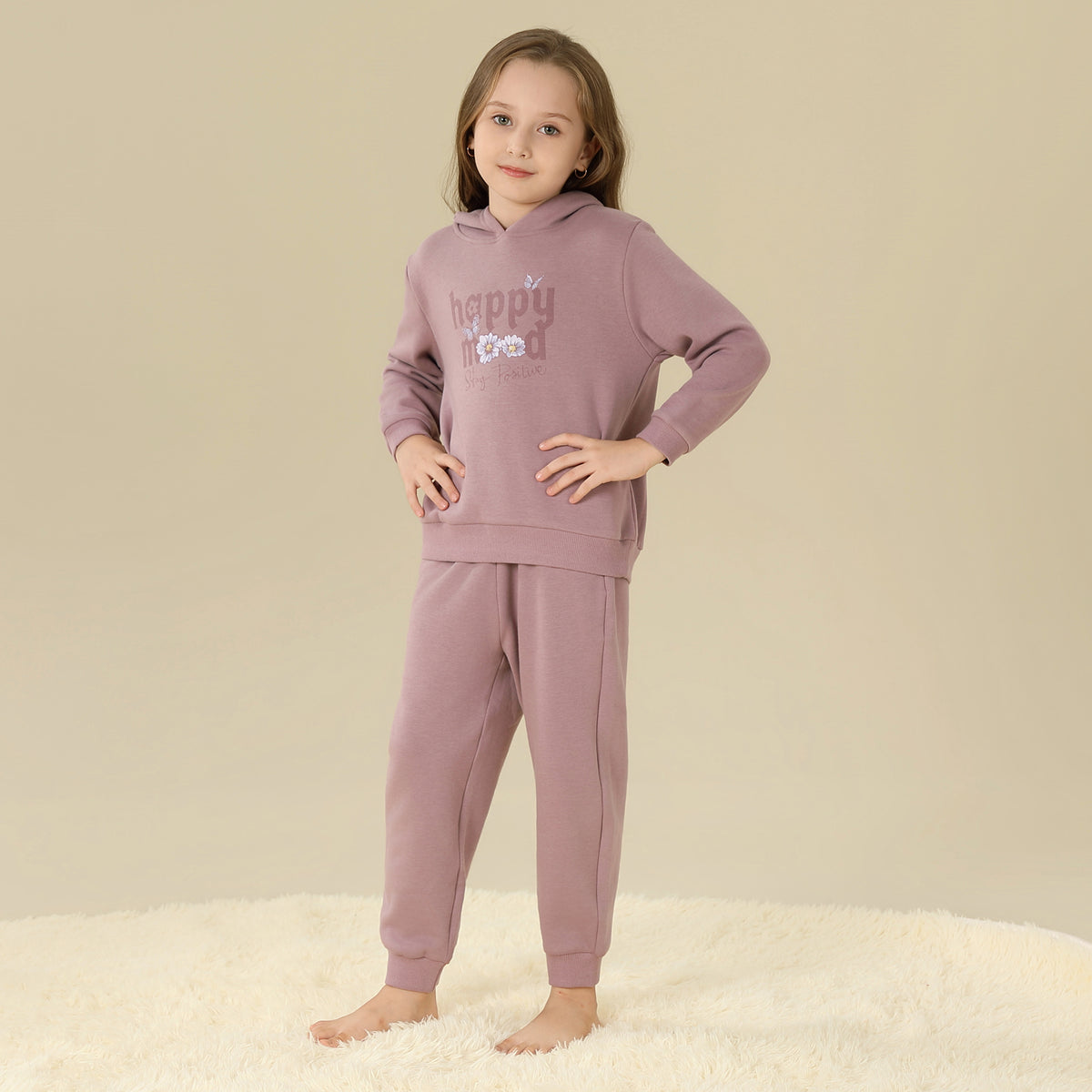 Hoodie:Printed,Pants:Plain Pajama Set-2Pc For Girls
