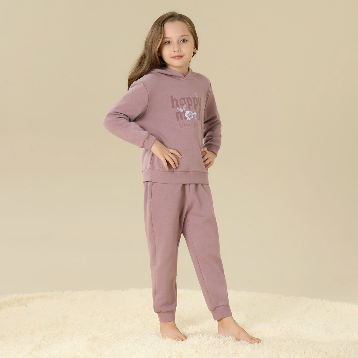 Hoodie:Printed,Pants:Plain Pajama Set-2Pc For Girls