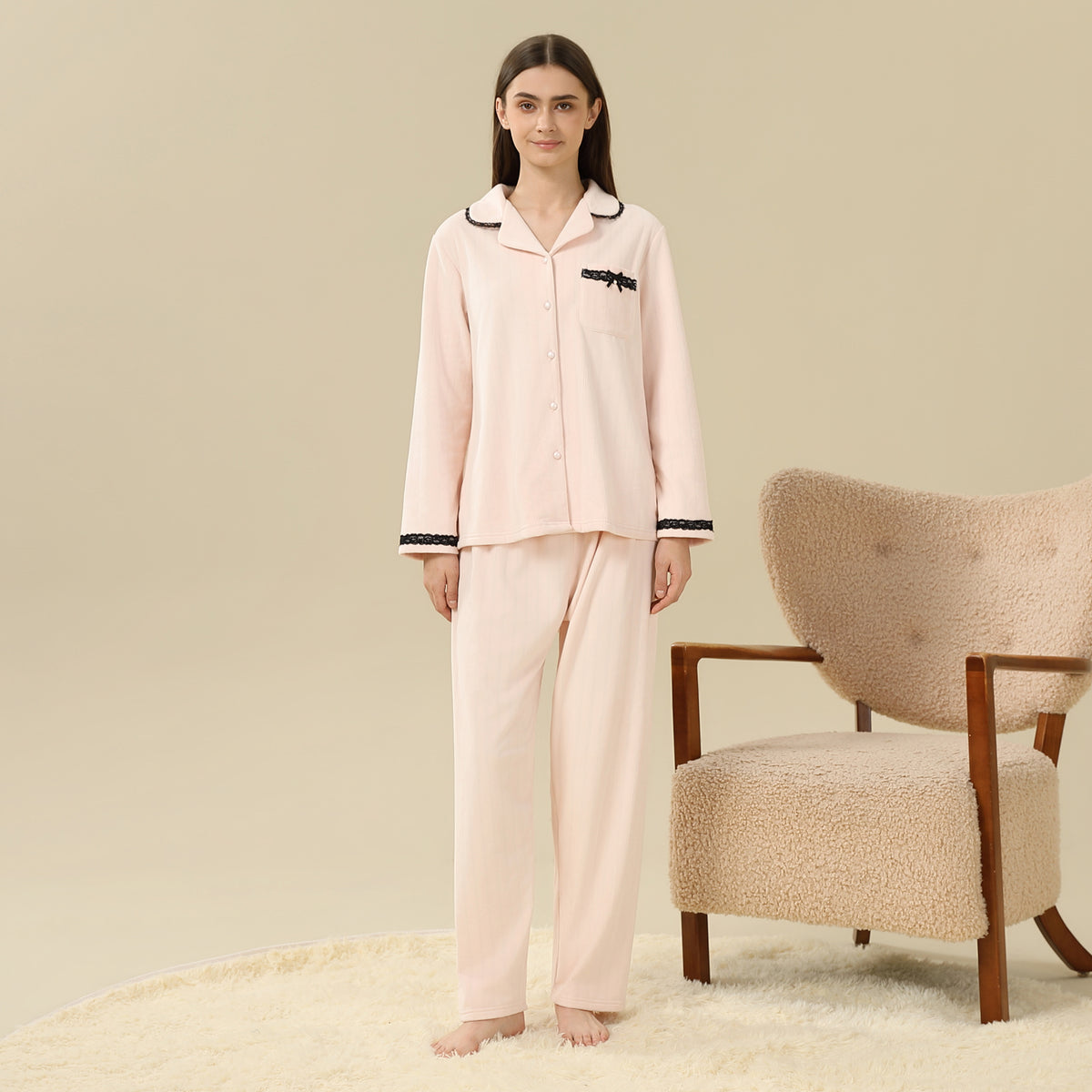 Jacket:Laced,Pants:Plain Pajama Set-2Pc For Women