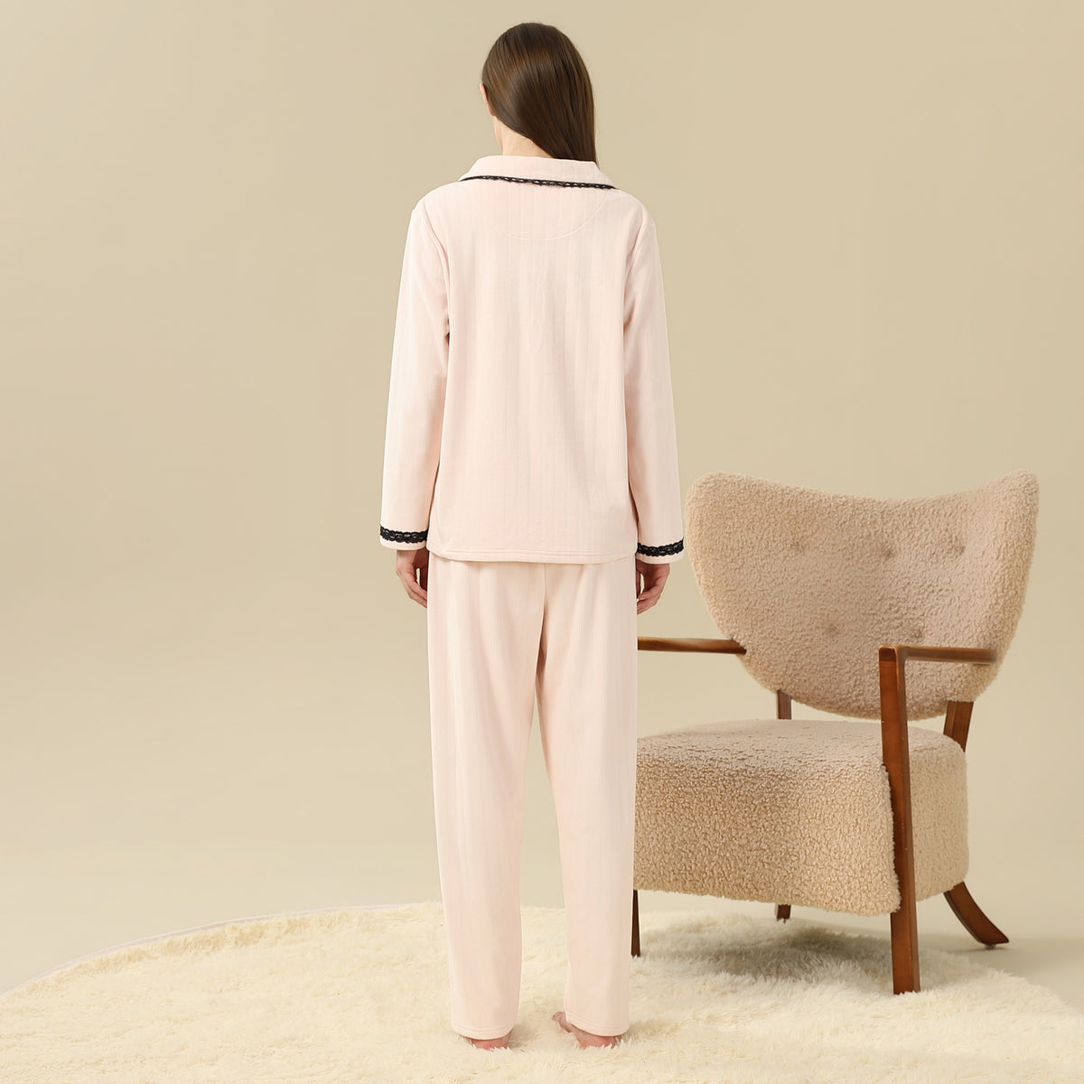 Jacket:Laced,Pants:Plain Pajama Set-2Pc For Women