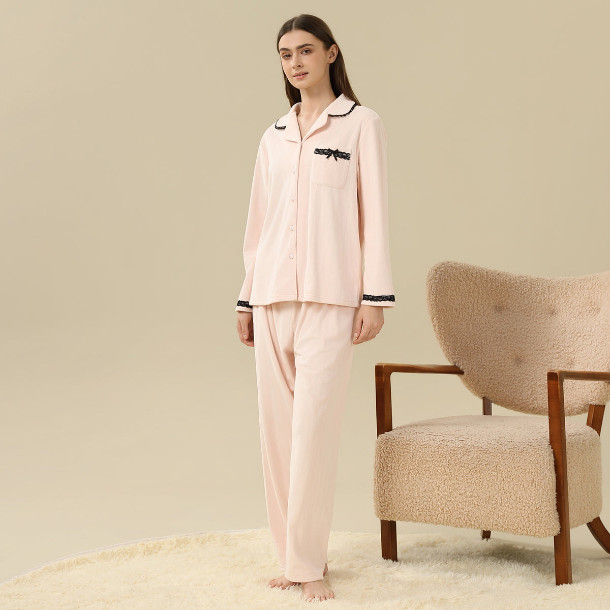 Jacket:Laced,Pants:Plain Pajama Set-2Pc For Women