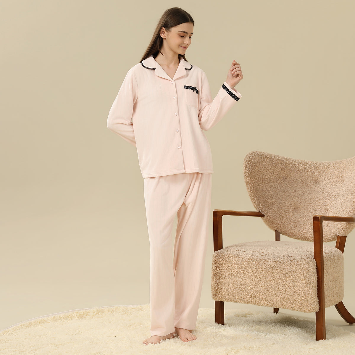 Jacket:Laced,Pants:Plain Pajama Set-2Pc For Women
