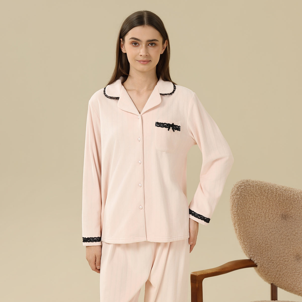 Jacket:Laced,Pants:Plain Pajama Set-2Pc For Women