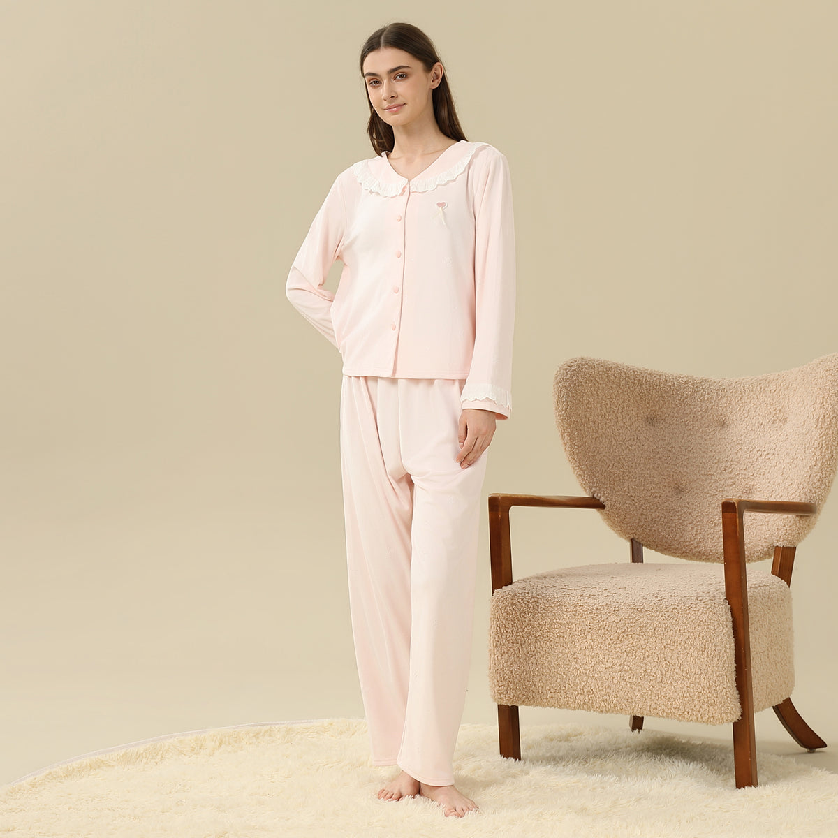 Jacket:Laced,Pants:Printed Pajama Set-2Pc For Women
