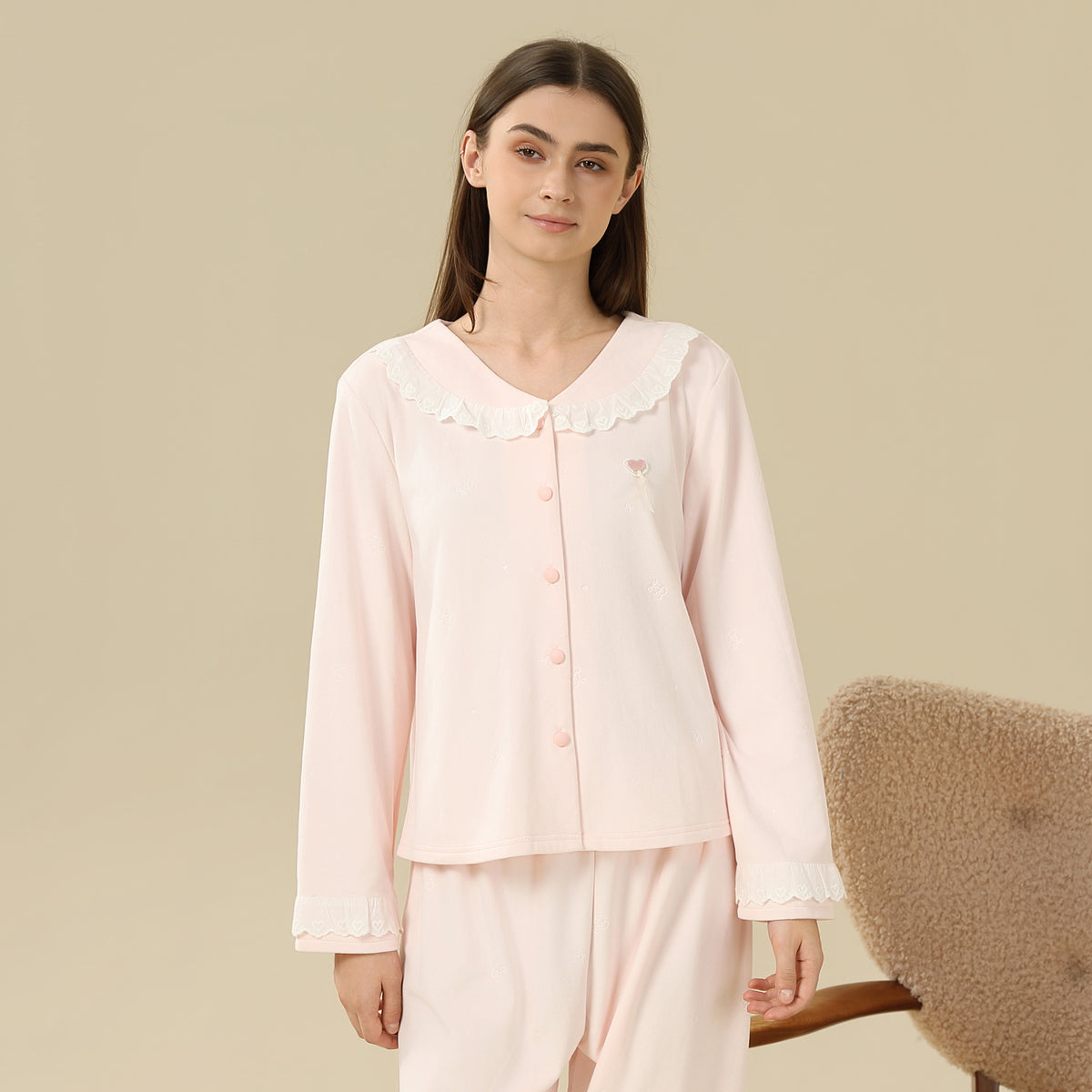Jacket:Laced,Pants:Printed Pajama Set-2Pc For Women