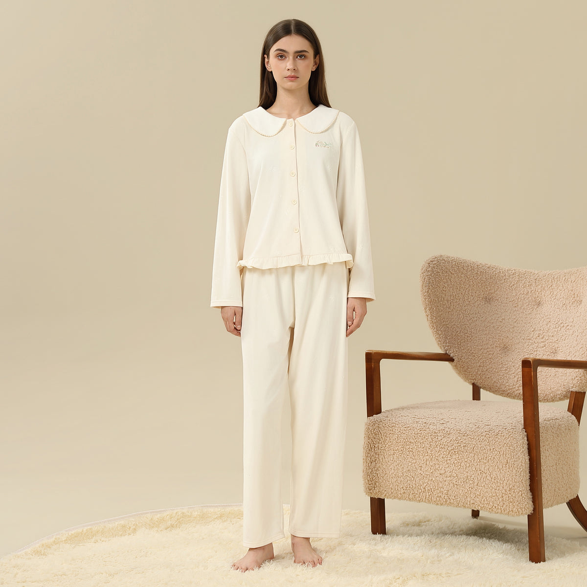 Jacket:Embroidery,Pants:Printed Pajama Set-2Pc For Women