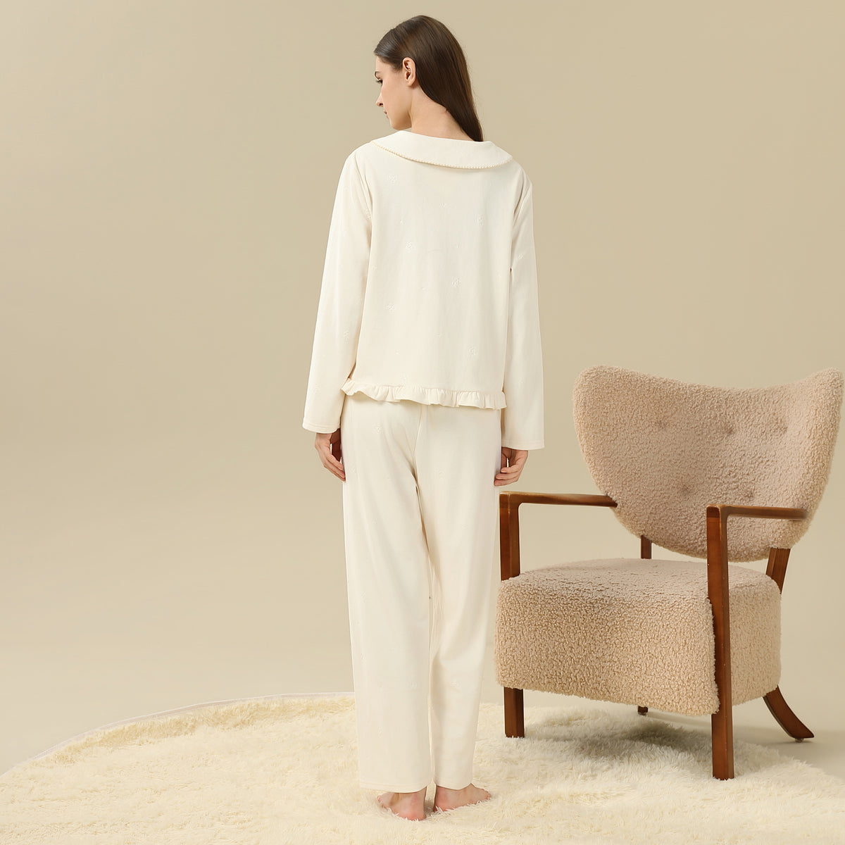 Jacket:Embroidery,Pants:Printed Pajama Set-2Pc For Women